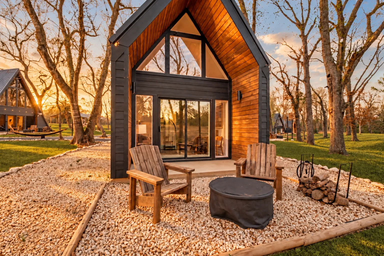 Cabin and seating in the wooded retreat